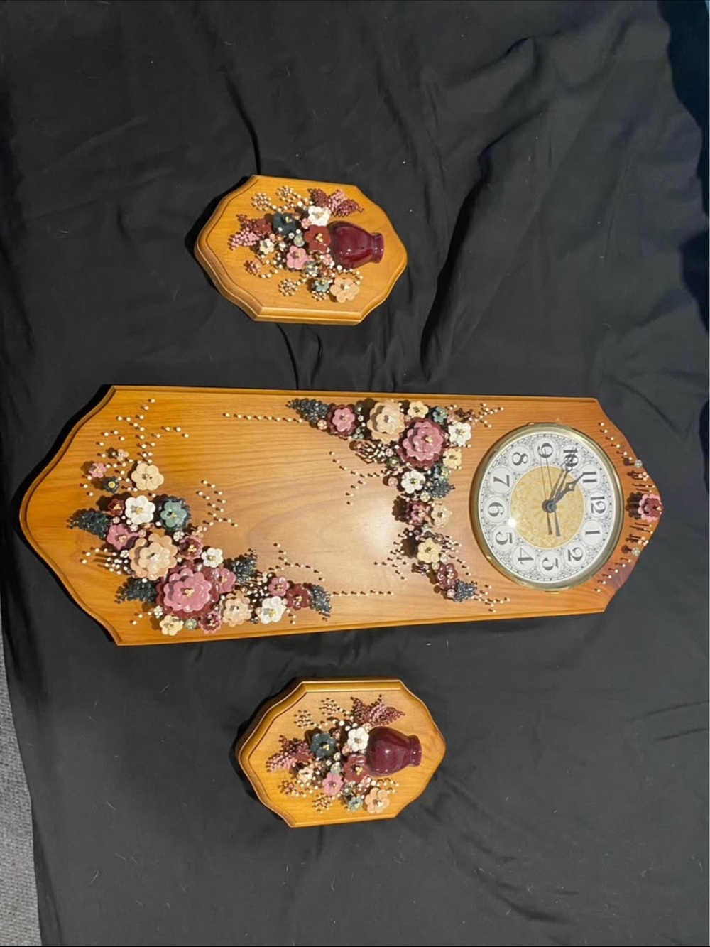 Craft Wooden Floral Wall Clock Set in Brown with Pink and Cream Accents